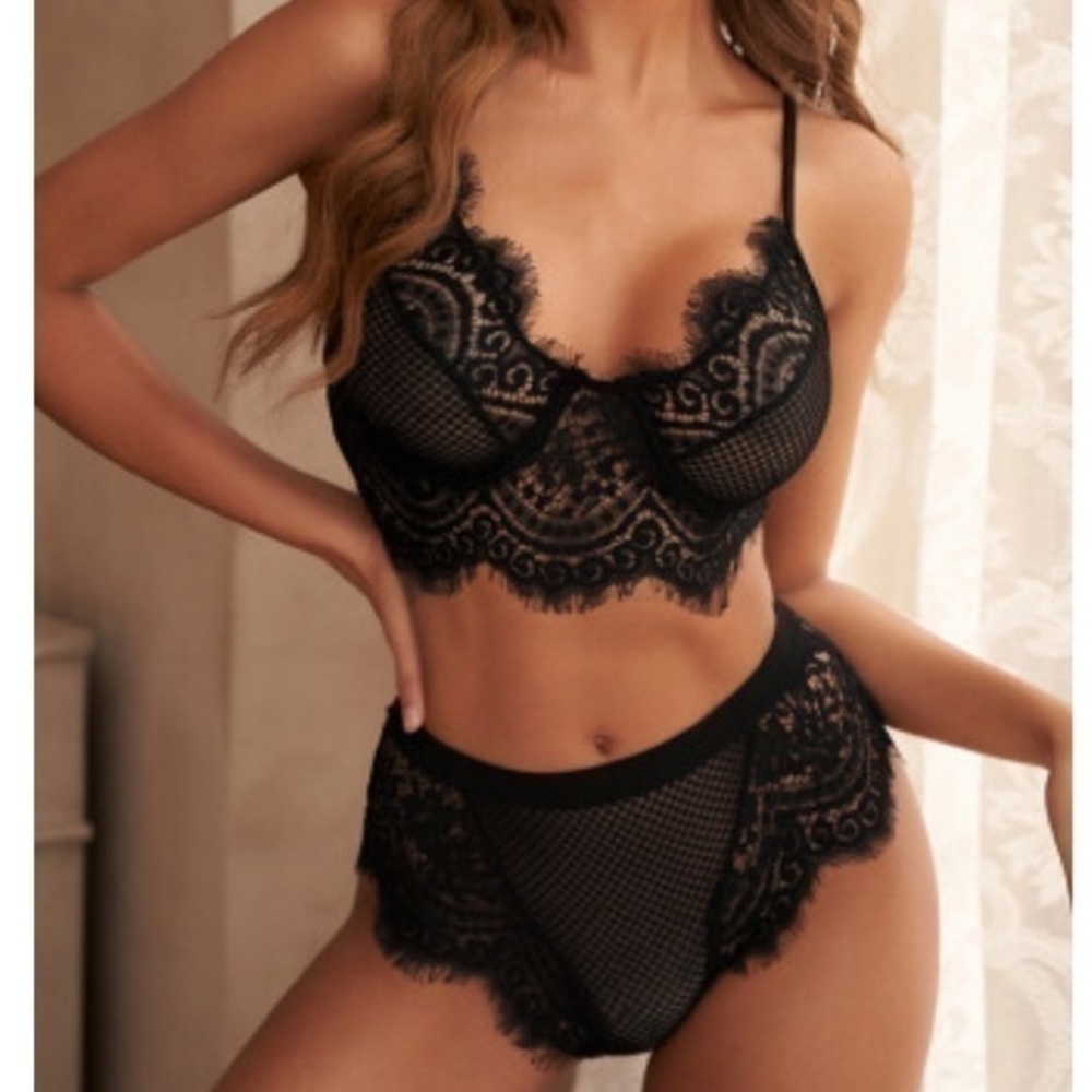 Black eyelash bra and full bottom panty sheer mesh underwire NEW